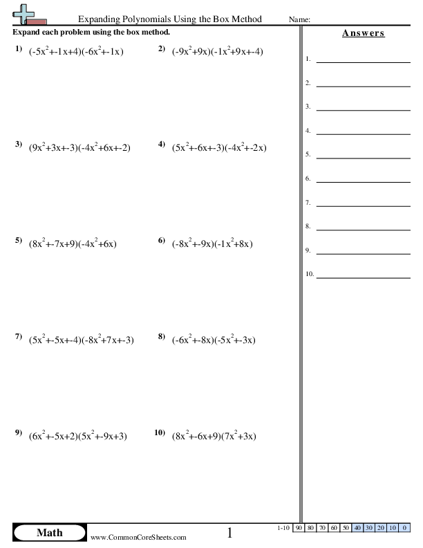 Algebra Worksheets - Expanding Polynomials Using the Box Method worksheet